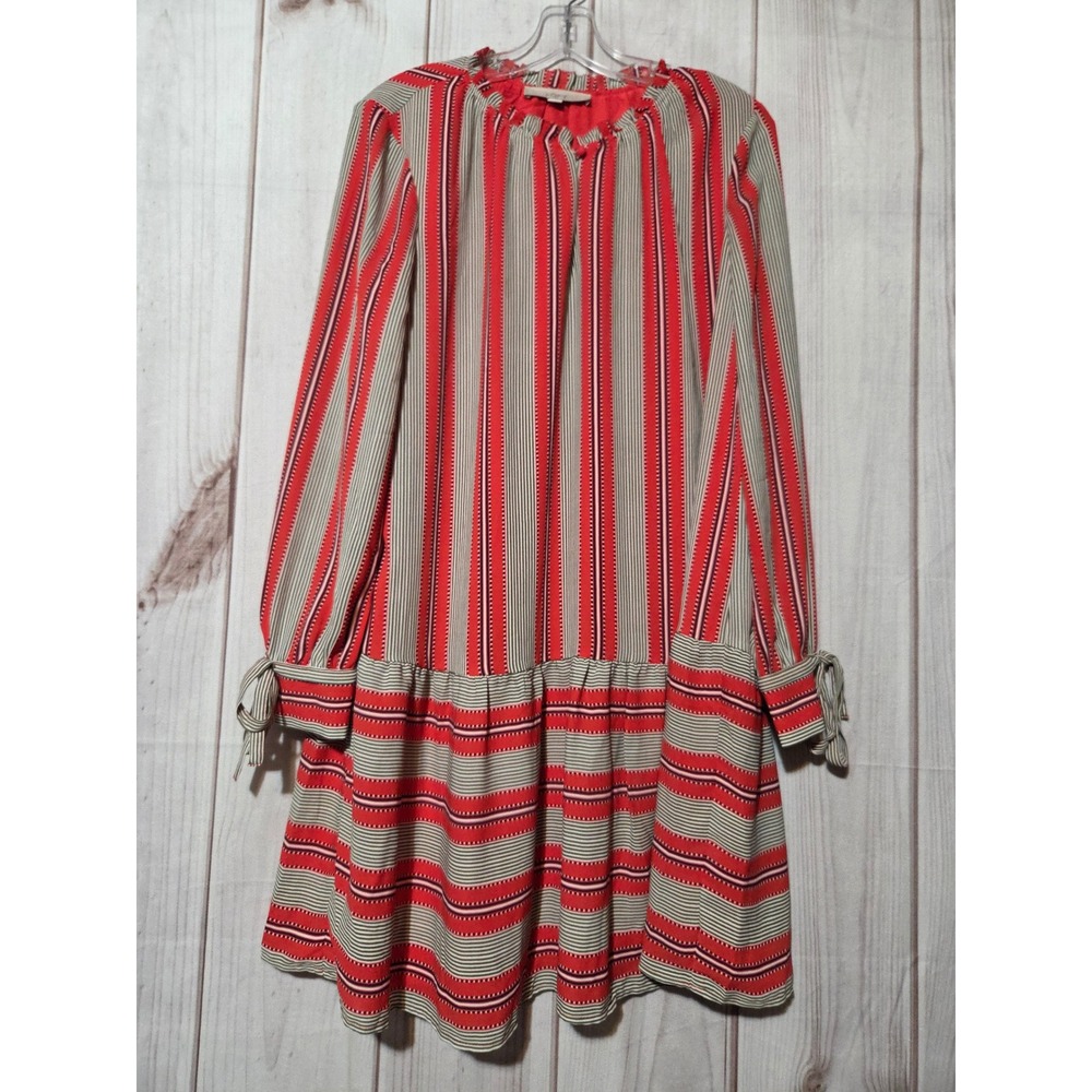 LOFT Striped Red Gray Long Sleeve Ruffle Neck Tiered Dress Size M‎